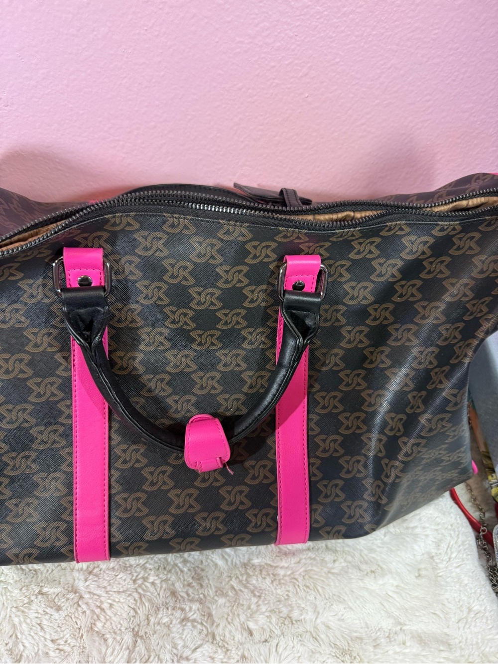 Pink-Accented Monogram Weekender Bag